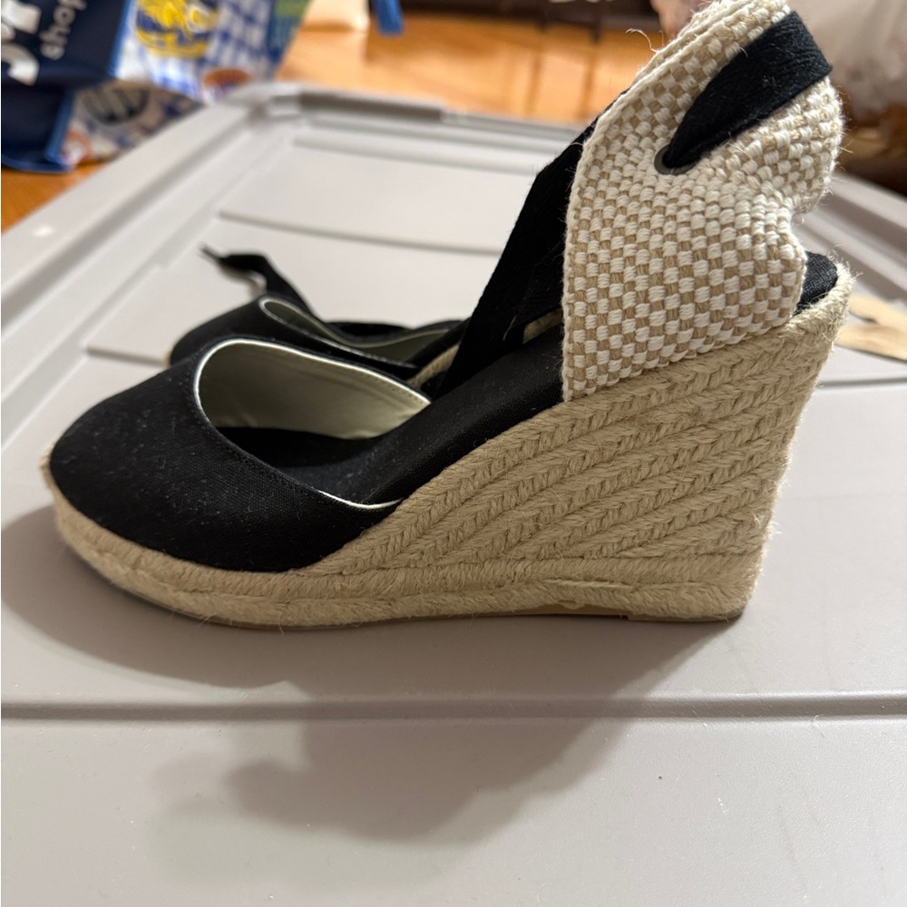 Soludos Black and Cream Wedge Espadrilles